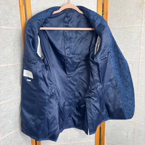 Perry Ellis Portfolio 38R Blue Floral Jacquard Two Button Blazer Jacket Men Slim - Picture 9 of 11